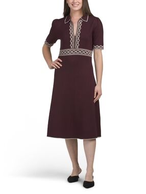 NWT - Max Studio Polo Collar Border Print A-Line Midi Sweater Dress - Size L